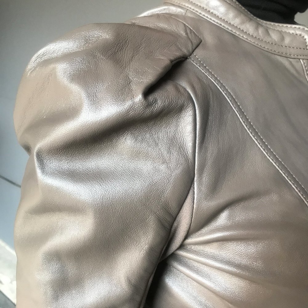 Hinge Puff Shoulder Gray fitted Leather Jacket S - Picture 6 of 12